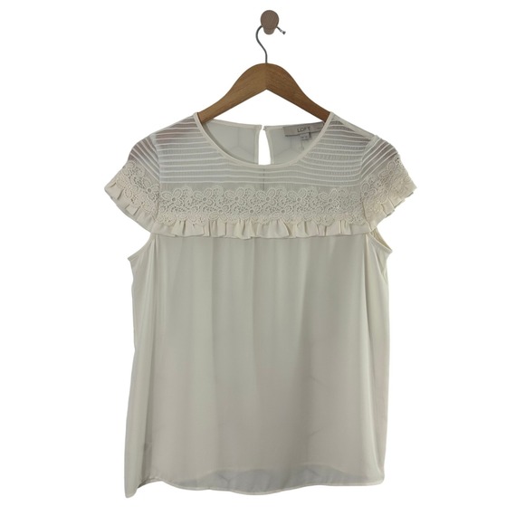 LOFT Tops - LOFT Ann Taylor Ivory Lace Yoke Ruffle Blouse Short Sleeve XSP Petites